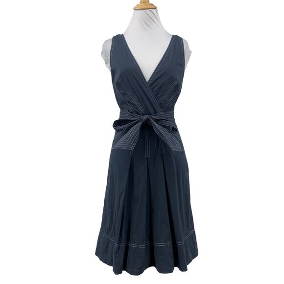 BCBGMaxAzria Mini Dress Women 2 Blue Gray Faux Wrap Tie Waist Pleated Sleeveless - Picture 1 of 13